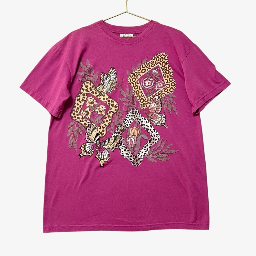 Vintage Basic Editions Pink Short Sleeve Tee Size Medium Oversized Butterflies